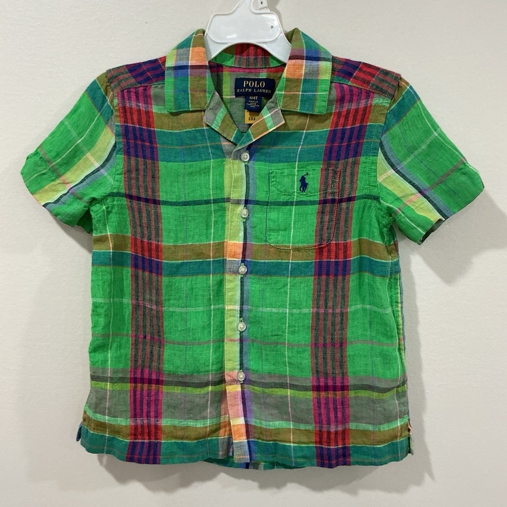 Ralph Lauren Boys Button Down Shirt 4T Plaid Short Sleeve Pony Logo Preppy